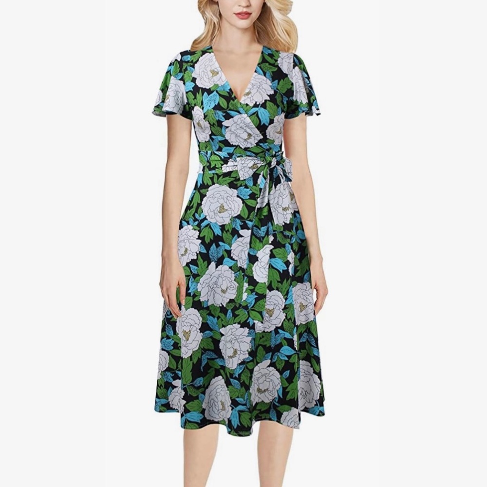 Flower Print Wrap Dress with Flutter Sleeves